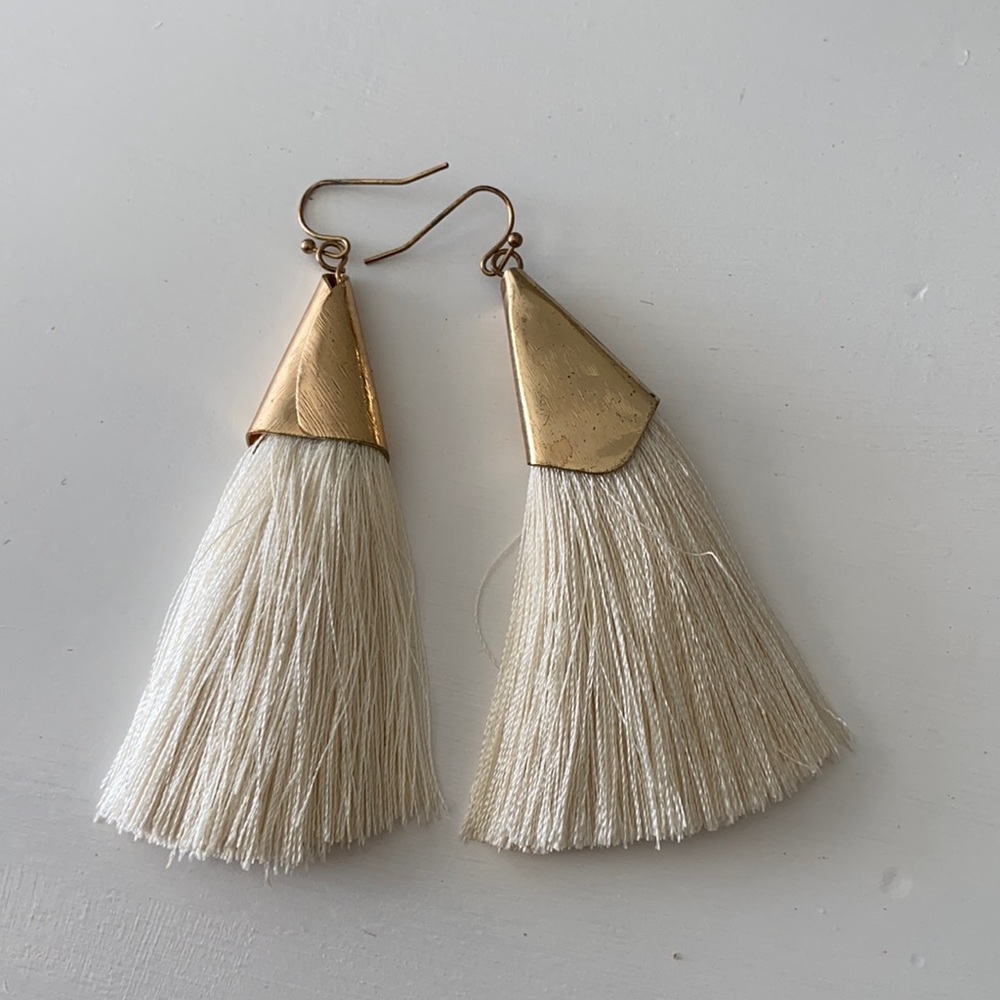 Long White and Gold Fringe Earrings